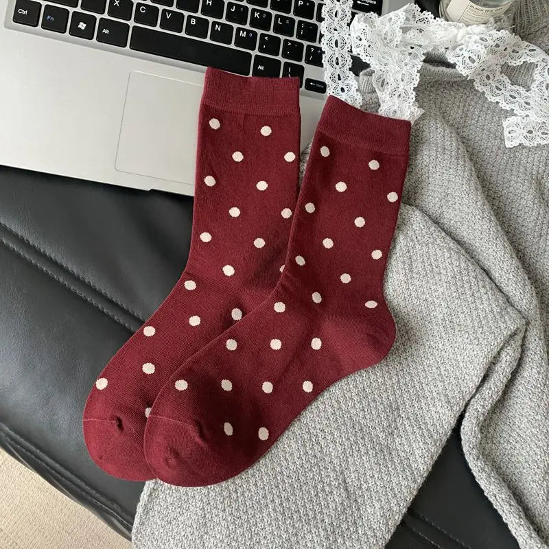 2025 New Women Socks Casual Fashion Striped Red Gray Elastic Long Socks Women Polka Dot Harajuku Retro Cotton Middle-tube Socks