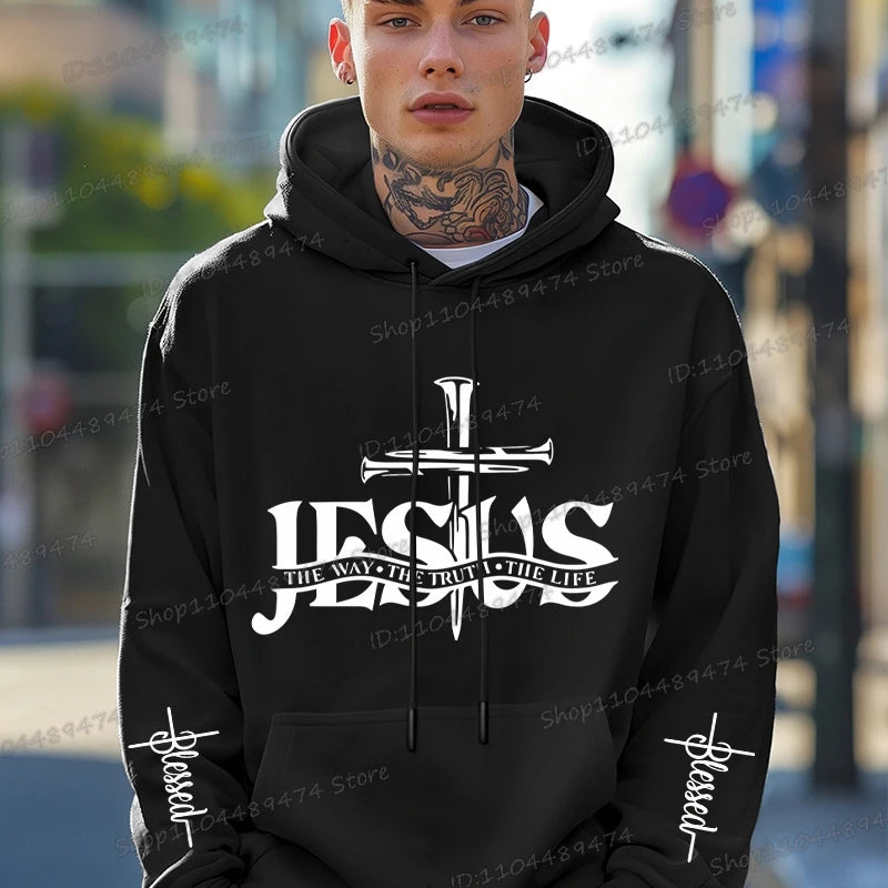 Christian Jesus The Way The Truth The Life Printed Hoodie Men's Streetwear Vintage Cross Faith Religious Sportswear Casual Hoody