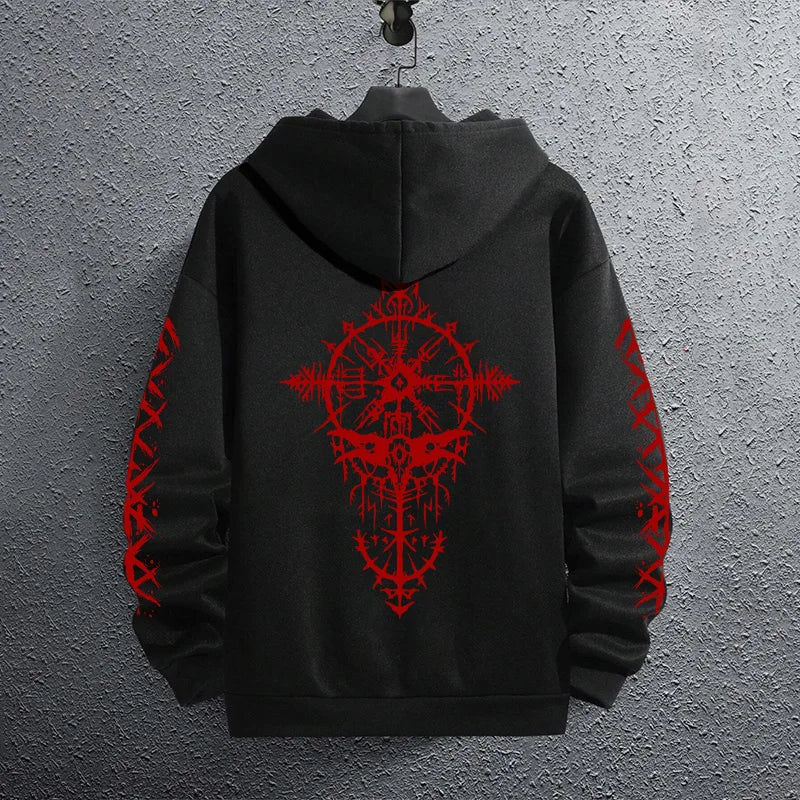 2025 Brand New Black Sweatshirts Autumn Winter Male Daily Casual Sporty Jogging Hoodie Men's Ancient Viking Raven Print Pullover